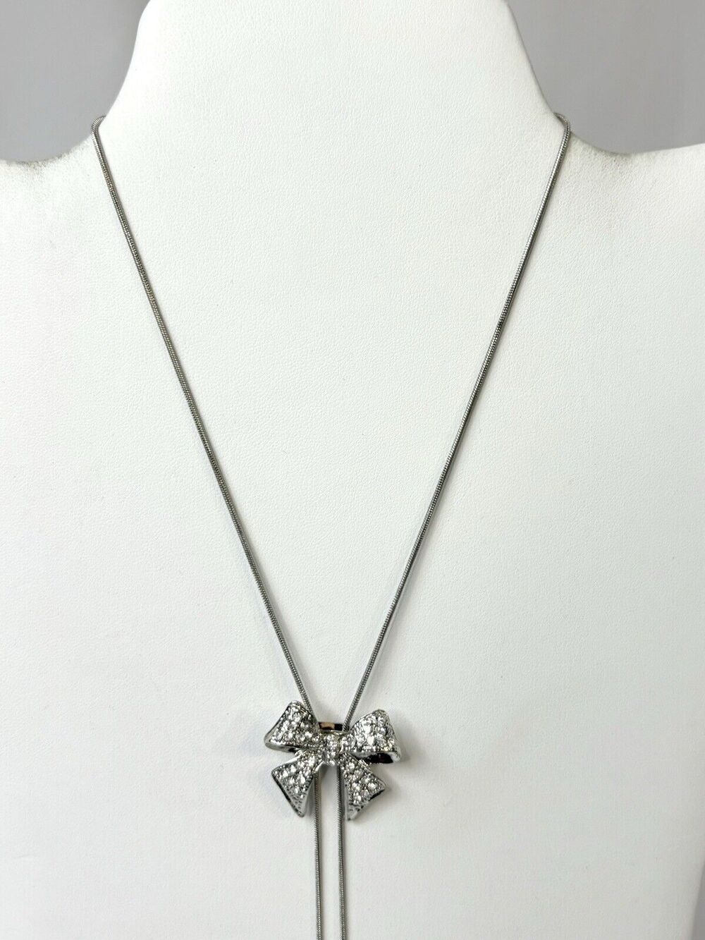 Vintage Silver Tone Bow Rhinestone Bolo Slider Lariat Necklace Western Glam